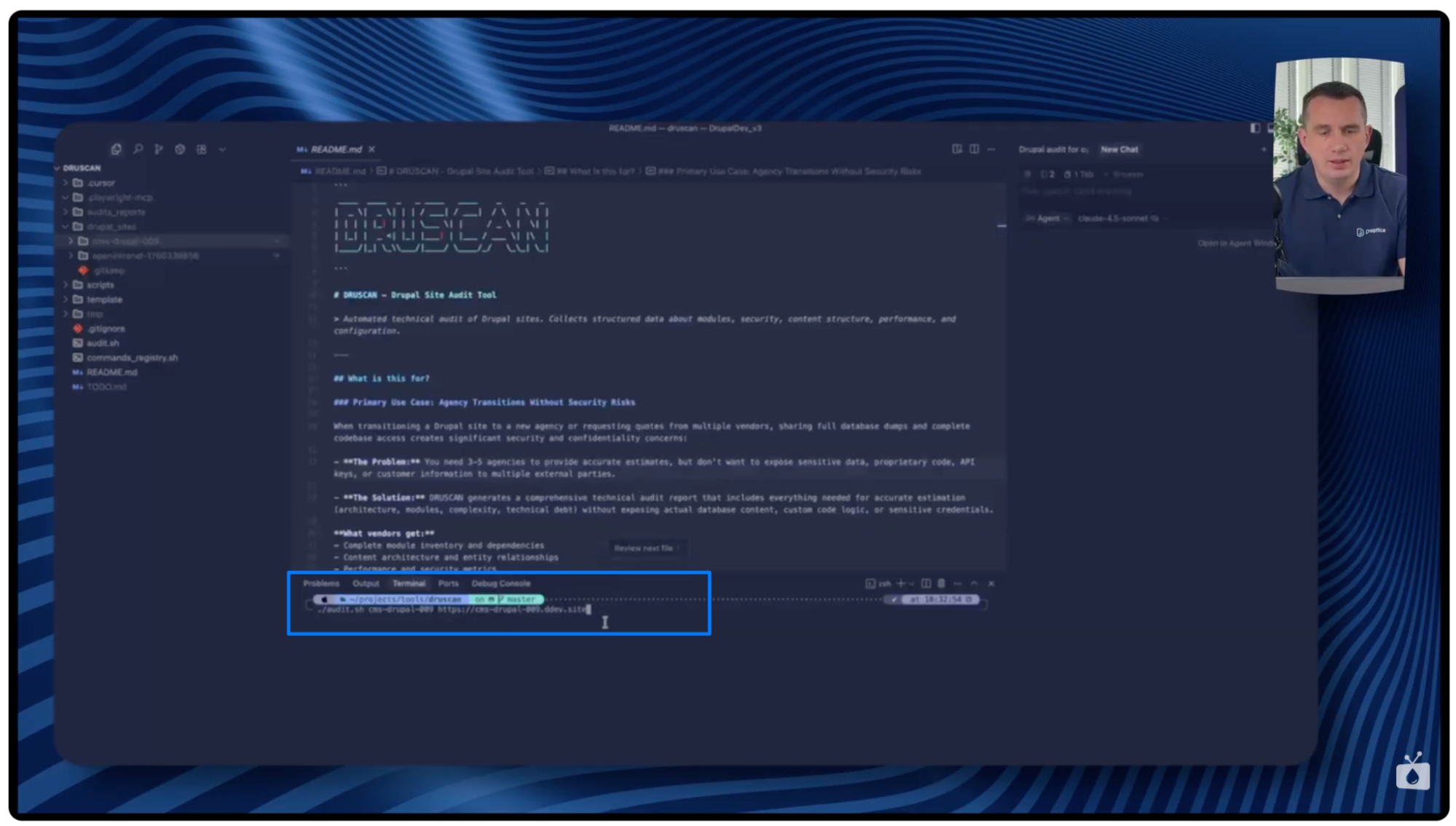 Window with Drupal technical audit running using the Druscan script and DDEV tool.