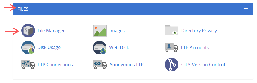 The Files section in the Advanced tab in Bluehost
