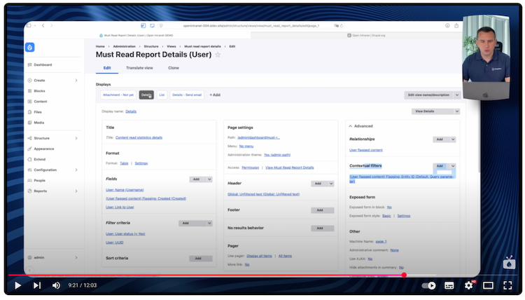Page with detail settings for the "Must Read" report in Open Intranet on Drupal.