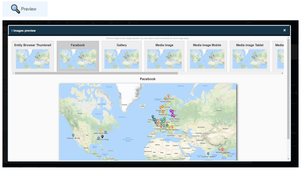 Magnifying glass icon allows us to see how image will be shown in sources like Facebook or Gallery.