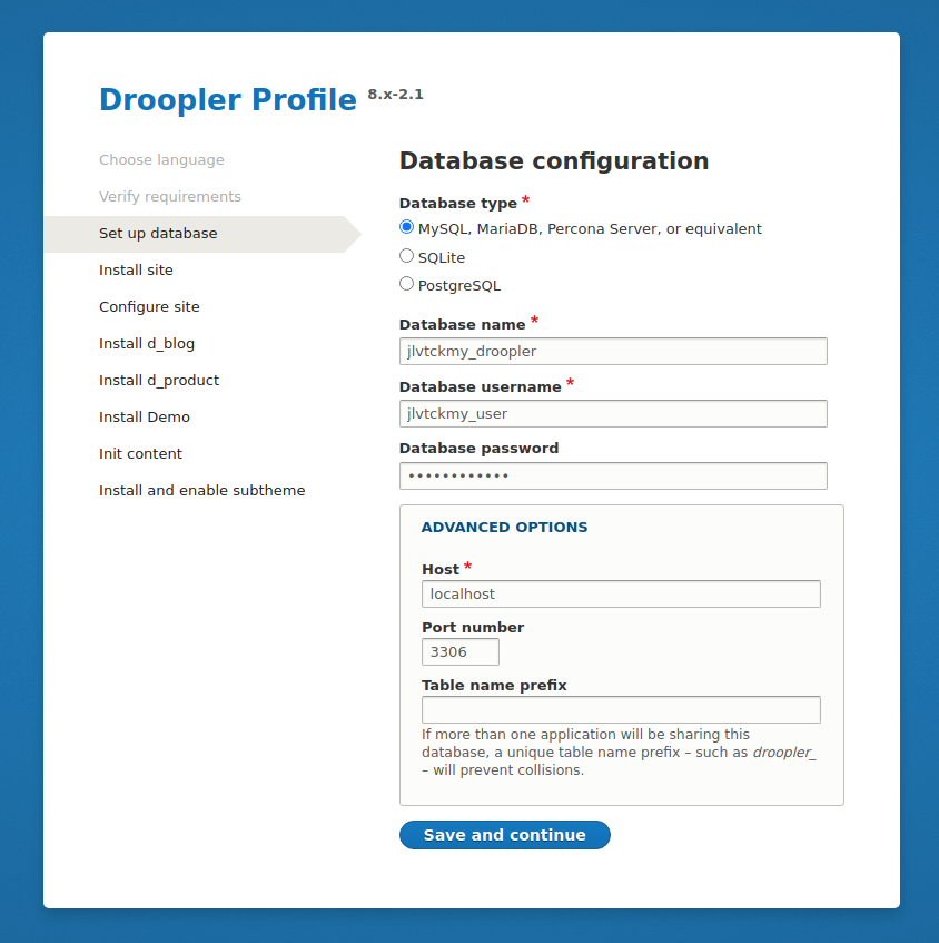 Database configuration in the Droopler installer