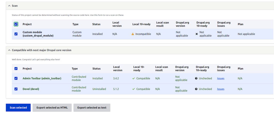 Das Drupal Upgrade Status-Modul ermöglicht es Ihnen, Ihr System nach inkompatiblen Modulen zu scannen.