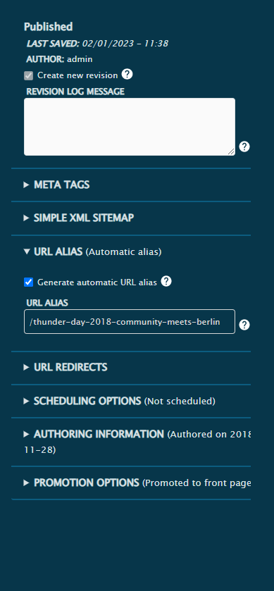 The side menu in Thunder CMS editor is used to complete important information about the article.