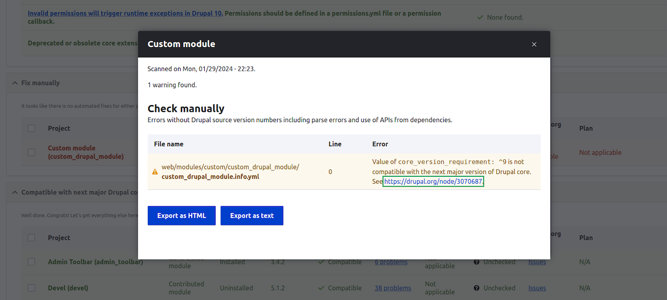 Example of Custom module problem with Drupal 10 detected by Drupal Upgrade Module.