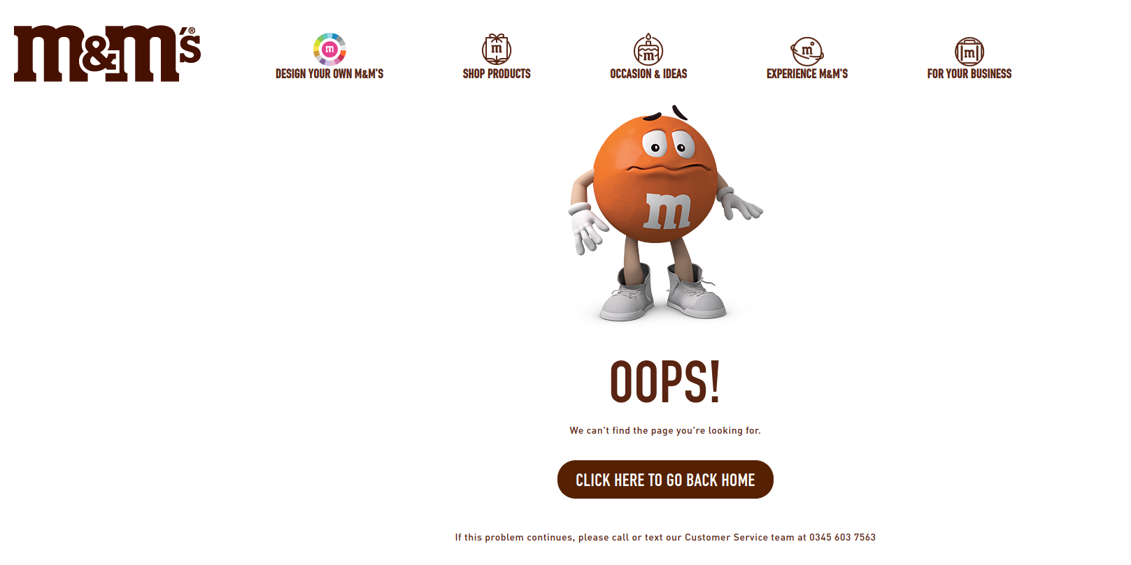 The M&M's 404 error page is an example of an informational landing page