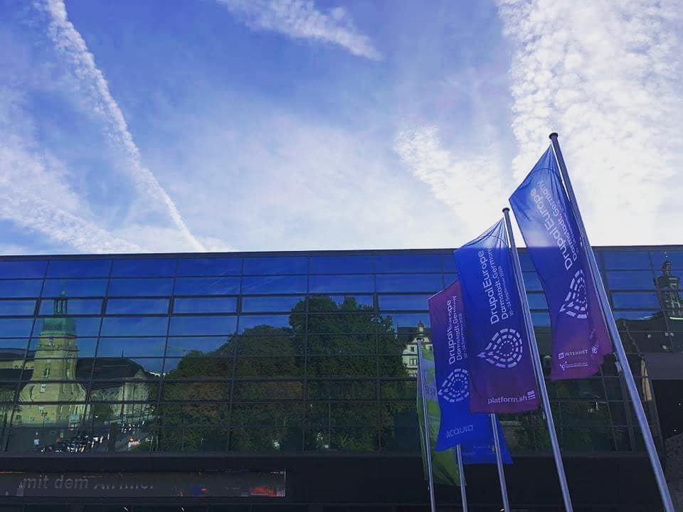 The venue where the Drupal Europe took place. Conference's flag to the right.