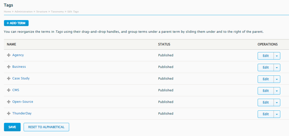 In Thunder CMS we can conveniently group key terms and organize Tags by using drag-and-drop handles.