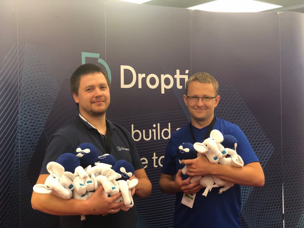 Our developers, Grzegorz and Tomek with PHPer's edition of elePHPant and Druplicon plushies. 