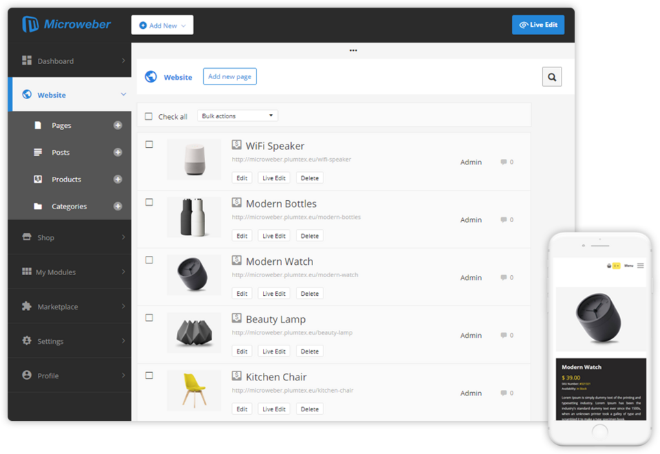 A list of pages in Microweber, a tool for building websites