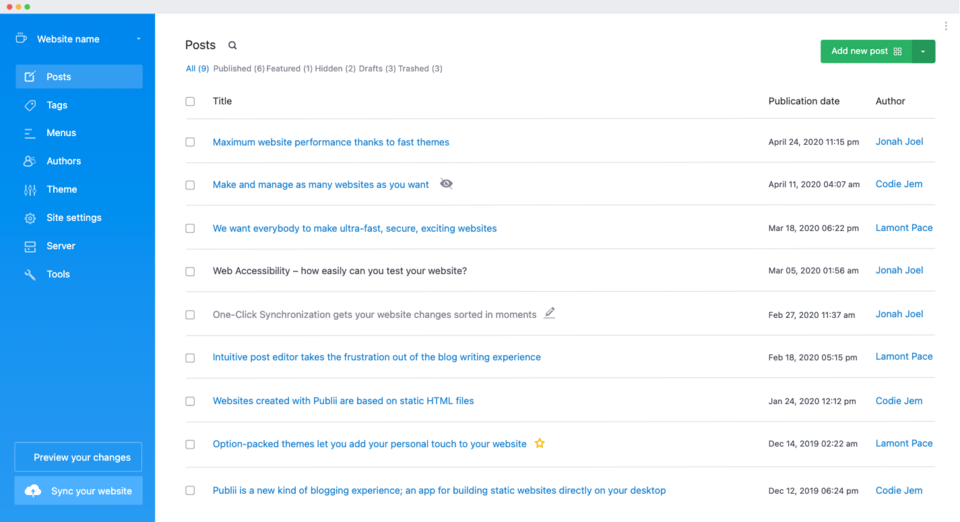 A list of posts in Publii, an open source static site generator