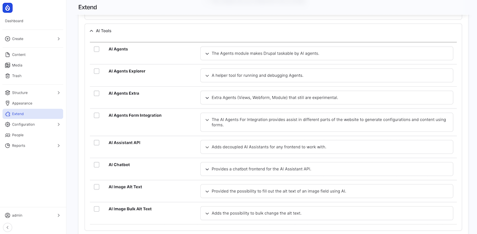 View of the list of AI-based tools that are available for installation in Drupal.