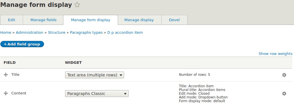 Accordion item form settings.