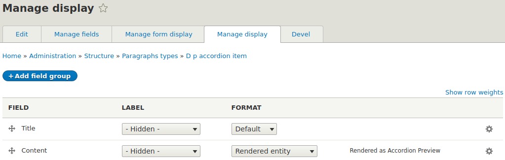 Accordion item display settings.