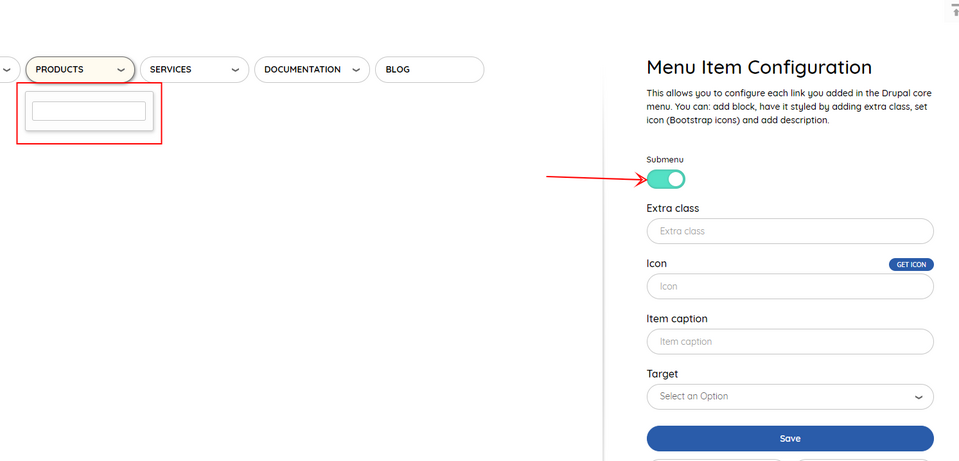 Activating the Submenu in the configuration panel of the mega menu in Drupal