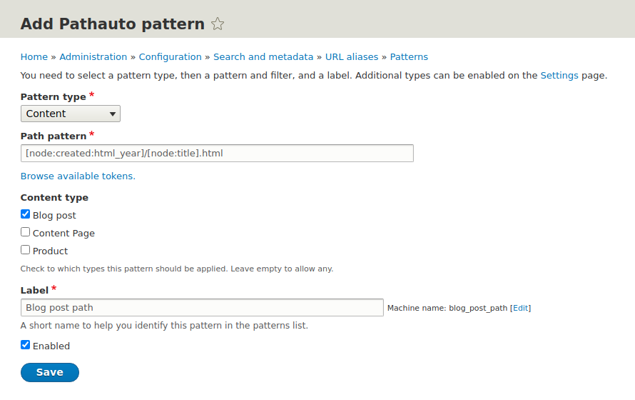Adding a new URL address template in the configuration panel of Pathauto Drupal module