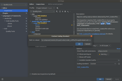 Hinzufügen des Regelwerks aus Coder, dem Drupal-Modul, in PHPStorm