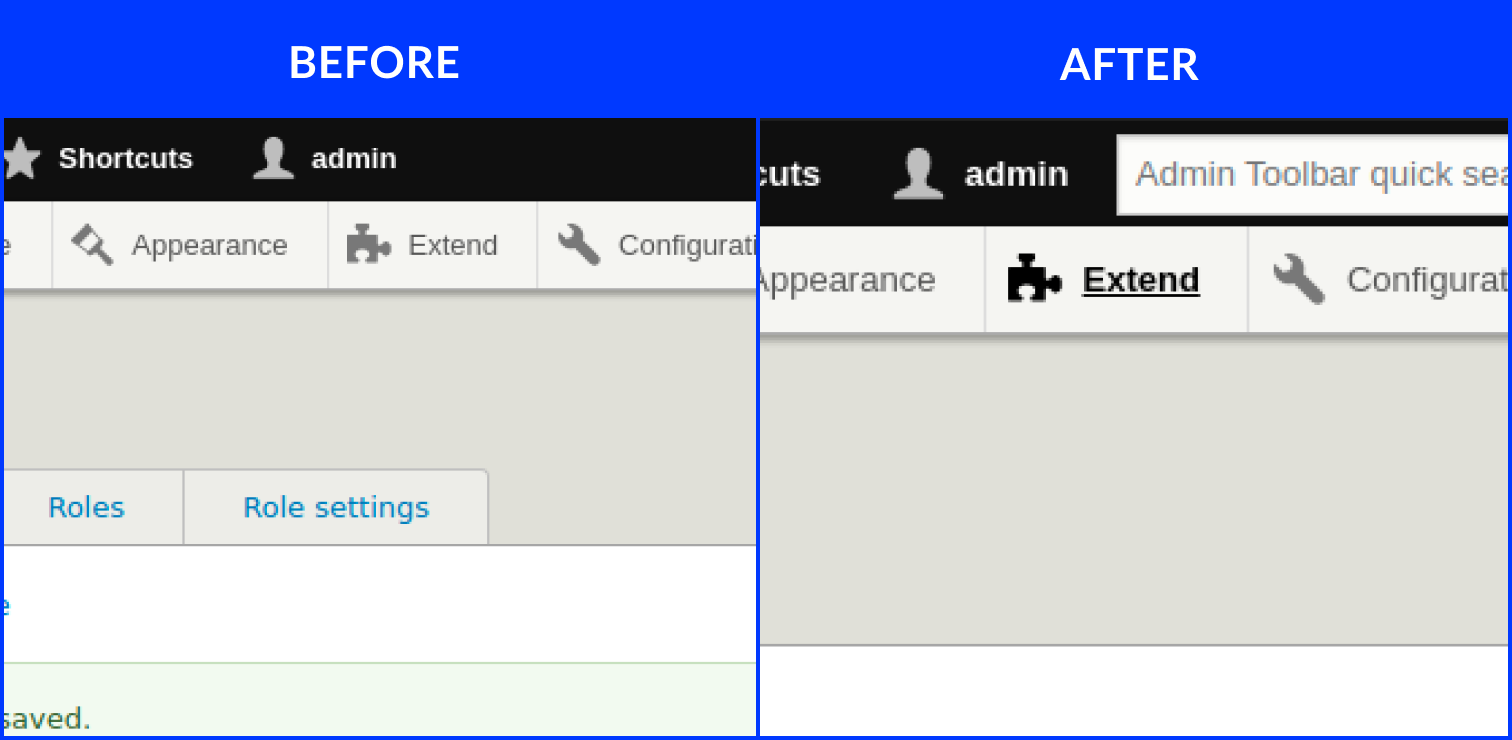 The toolbar in Drupal before and after adding the Admin Toolbar Search module
