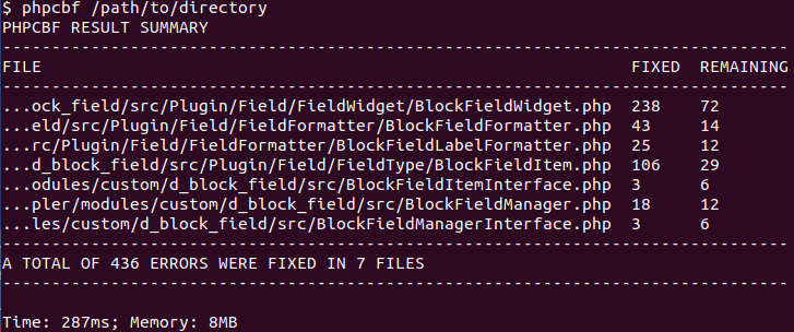 Automatic fixing of errors in coding standard with phpcbf script