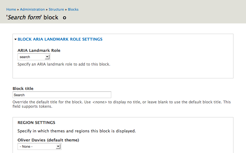 Einstellungsfeld des Block ARIA Landmark Roles-Moduls in Drupal