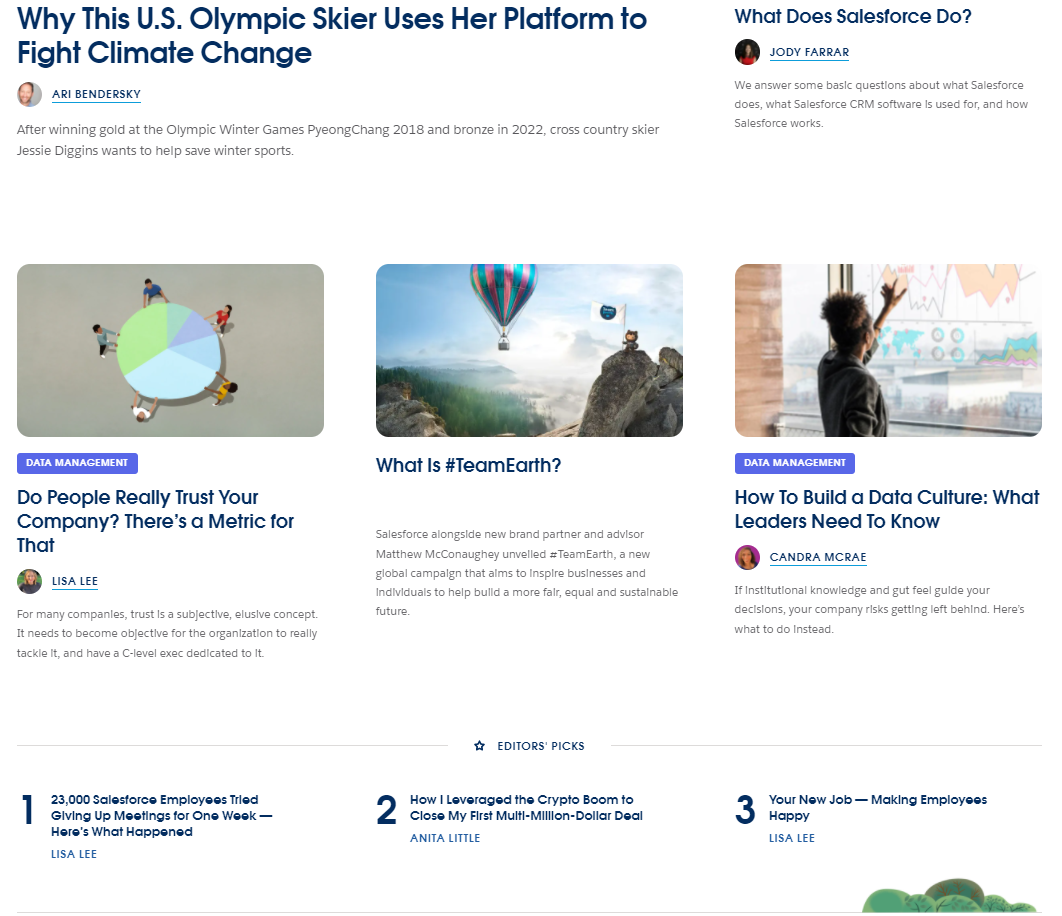 The Salesforce blog is divided into sections that clearly organize this page