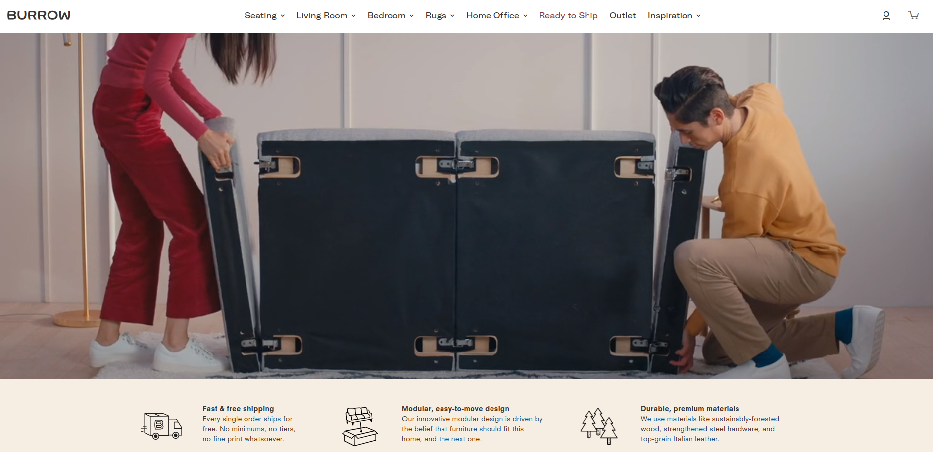 The Burrow ecommerce website uses the video showing how to assemble their furniture
