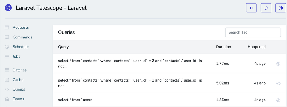 Überprüfung, wie genau die Laravel-Datenbankabfrage mit dem Telescope-Tool aussieht