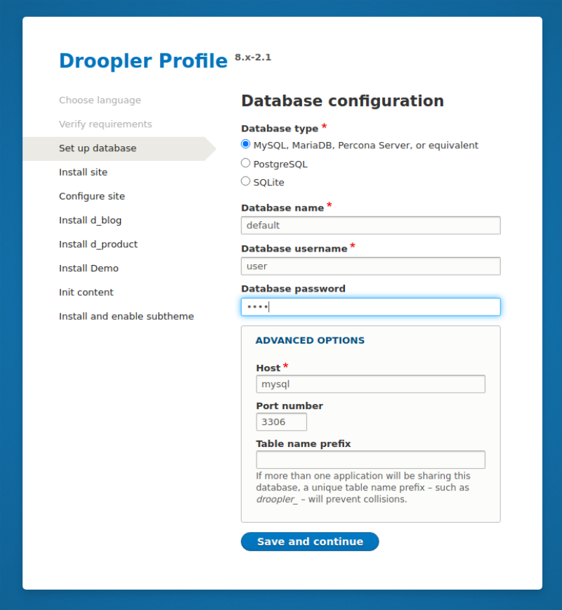 Database configuration in the installer of Droopler, the website builder