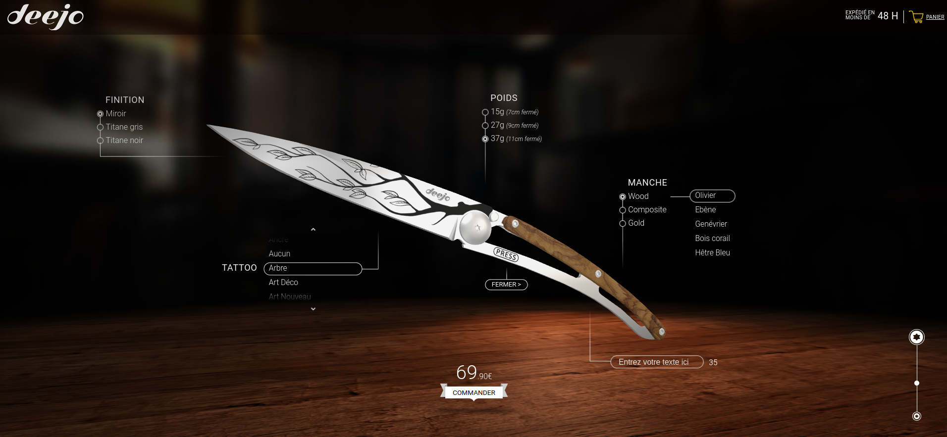 On the Deejo ecommerce website, the user can customize their own knife
