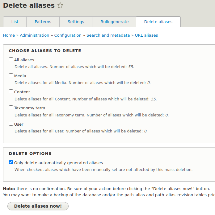 Deleting URL aliases in Pathauto Drupal module