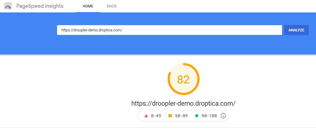 The result of the speed test in PageSpeed Insights for a website built in Droopler