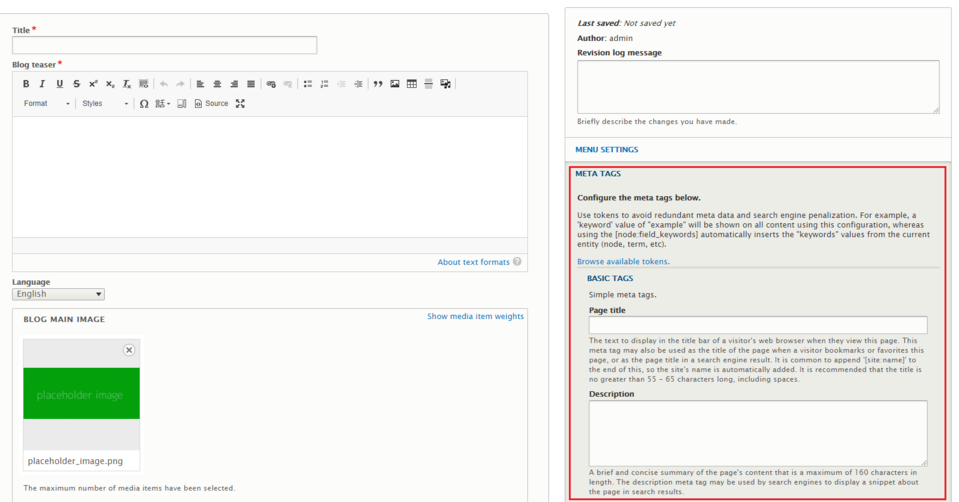 The section for setting meta tags for a blog post in a website built in Droopler