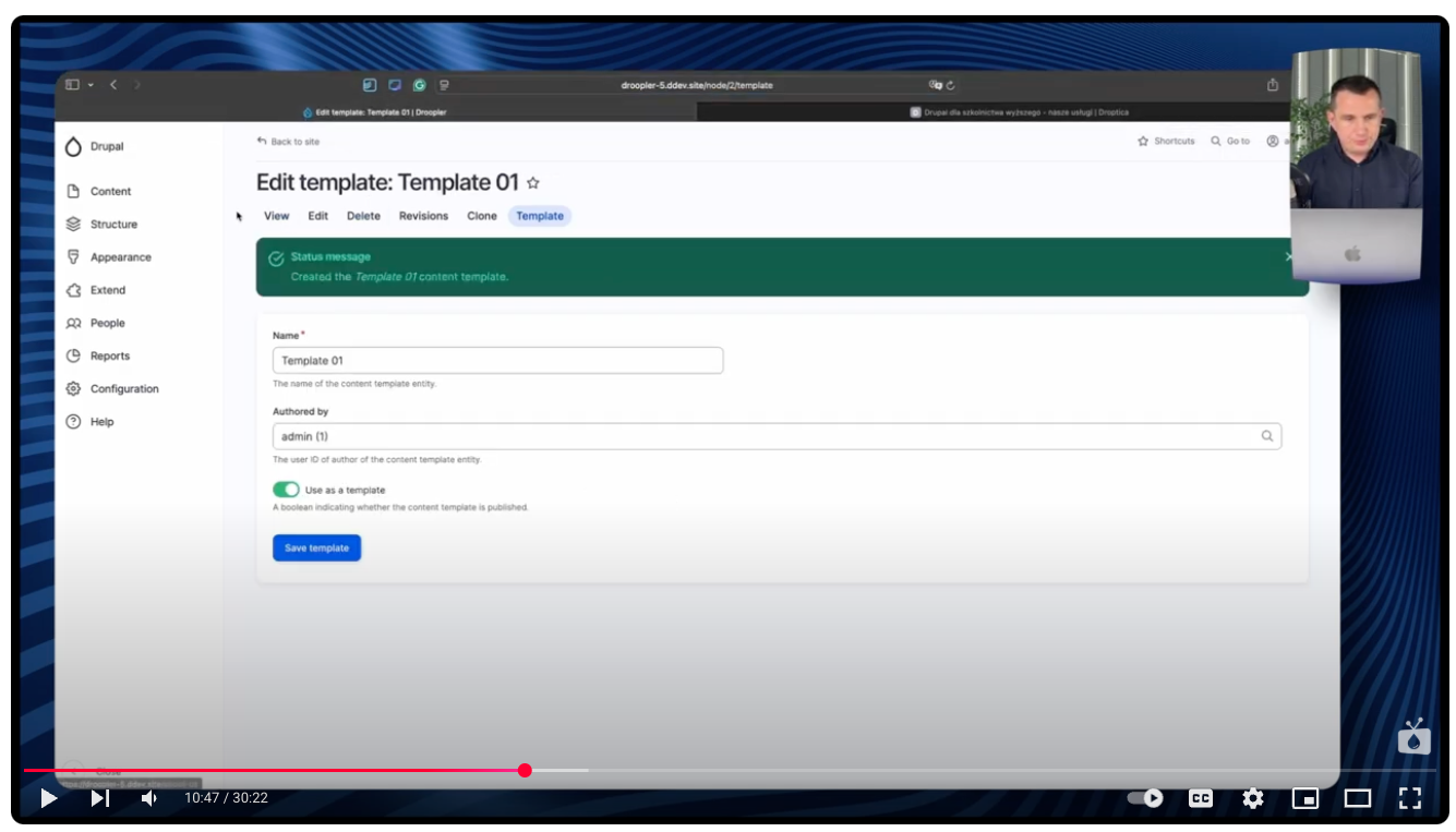Saving a template that can be used to build new pages in the Drupal CMS system