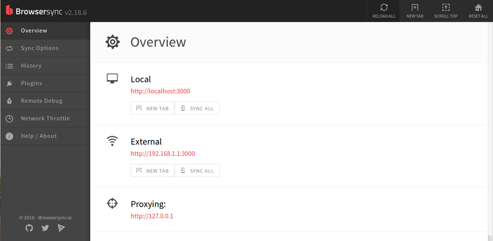 Browsersync UI Bildschirm