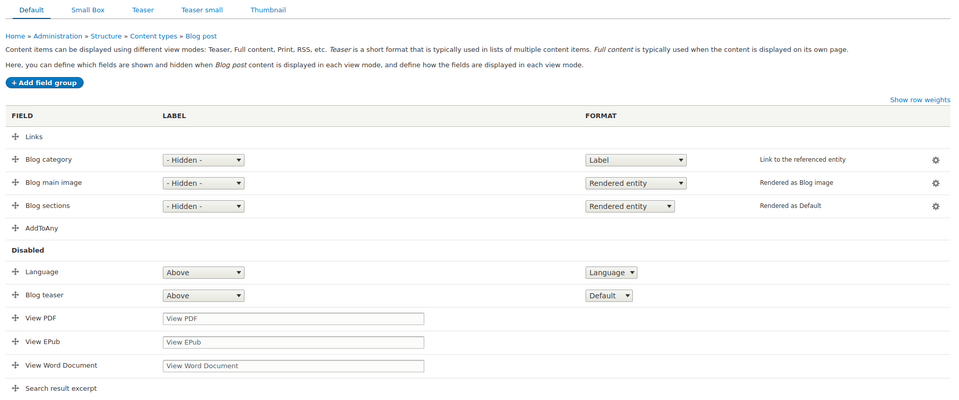 Enabling the View PDF field on the Manage Display page of the Entity Print module