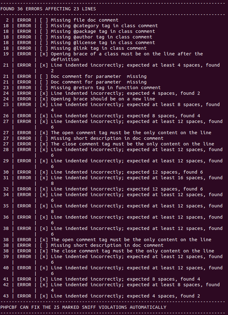 Example of test results in phpcs script with errors in coding standard