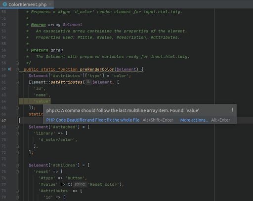 Example of the information on the rule that has been broken in PHPStorm