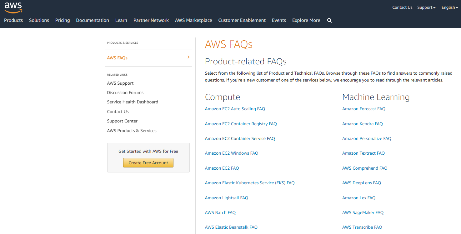 The FAQ section on the AWS website has the form of an extensive knowledge base