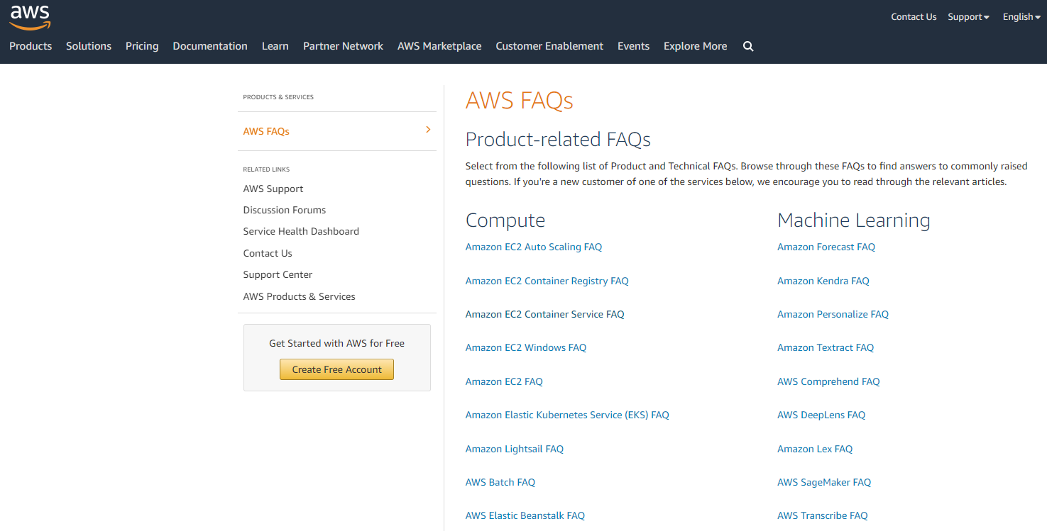 Der FAQ-Bereich auf der AWS-Website hat die Form einer umfangreichen Wissensdatenbank