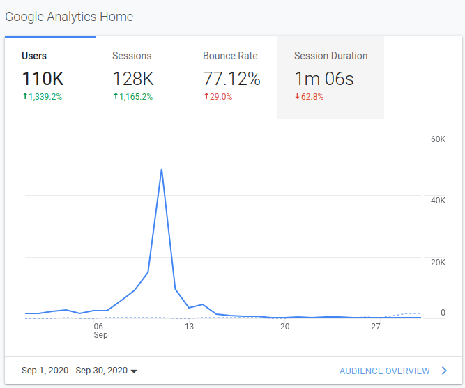 Google Analytics data of the 911day.org website showing the traffic spike