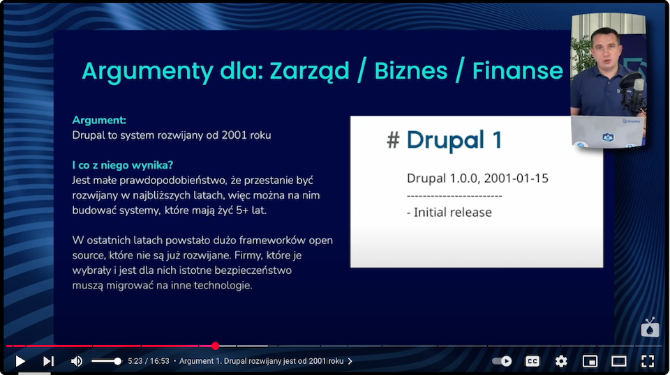 Präsentation mit Argumenten an den Vorstand über die Stabilität des Systems, die für die Wahl von Drupal spricht.