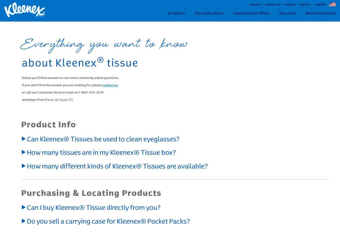Questions on the Kleenex FAQ page are divided into thematic groups