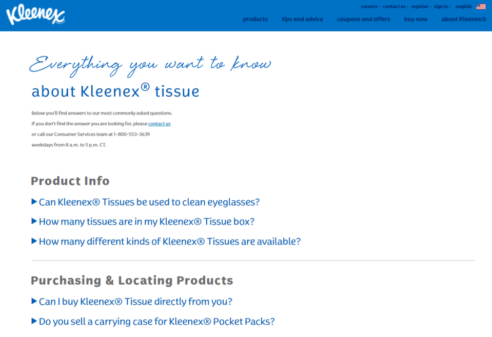 Questions on the Kleenex FAQ page are divided into thematic groups