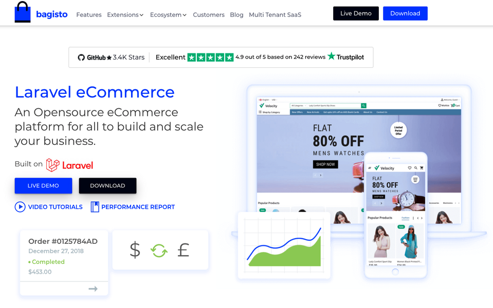 Startseite der Open-Source-Plattform Bagisto, basierend auf Laravel