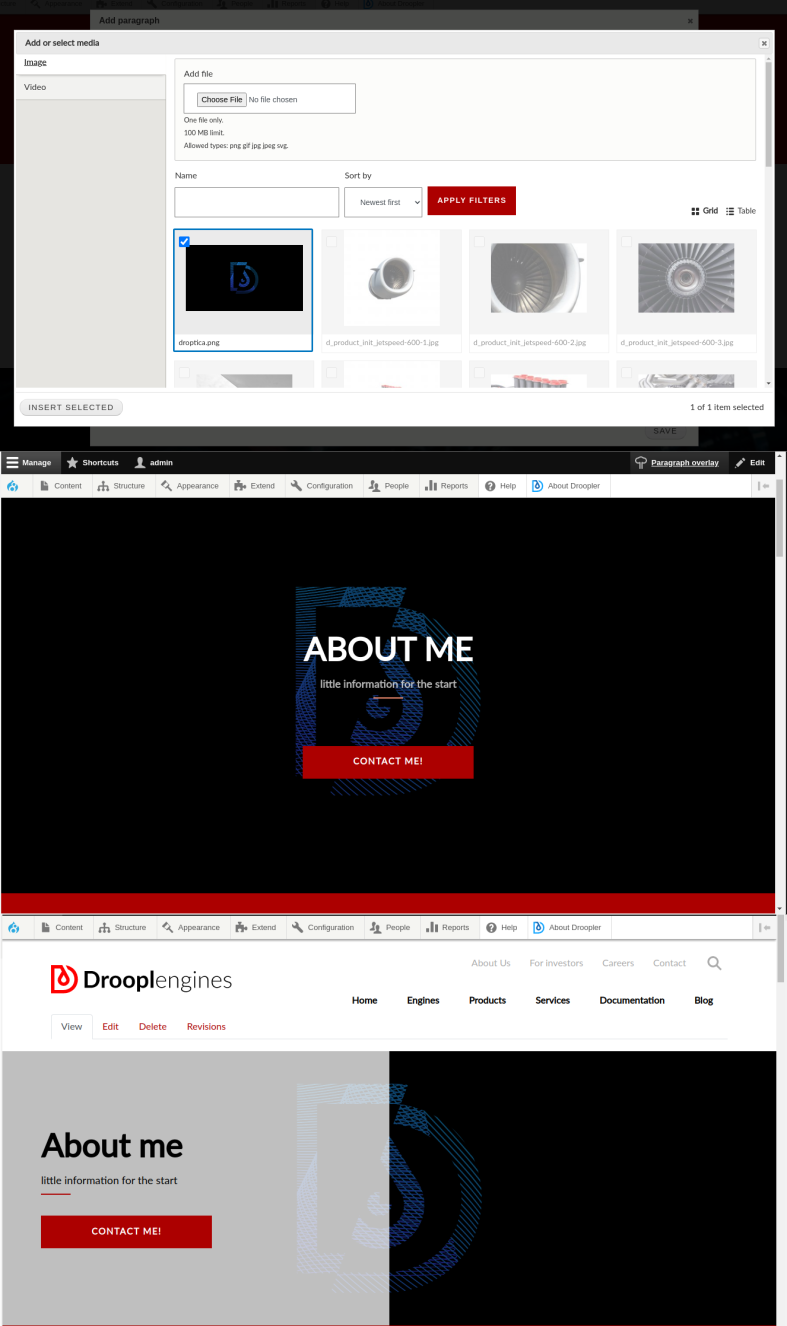The possibilities of adding media - graphics and videos, and the end result of such an action in Droopler, a Drupal distribution