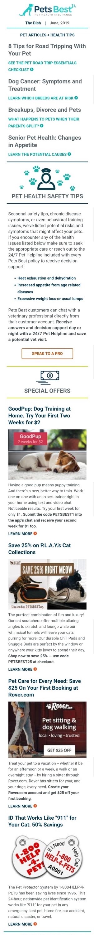 The Pets Best email includes content on the company offer and articles helpful for the pets owners