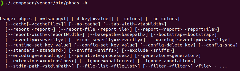 Possible parameters for phpcs script in Composer