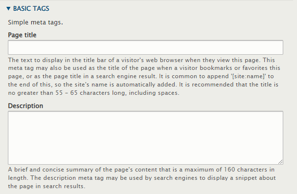 Meta title and meta description hints provided by the SEO tool in the Drupal CMS system