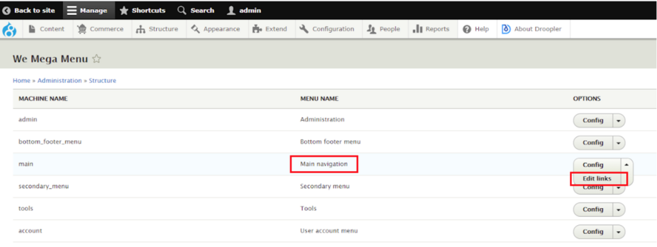 Configuration of main menu in the Drupal administration menu