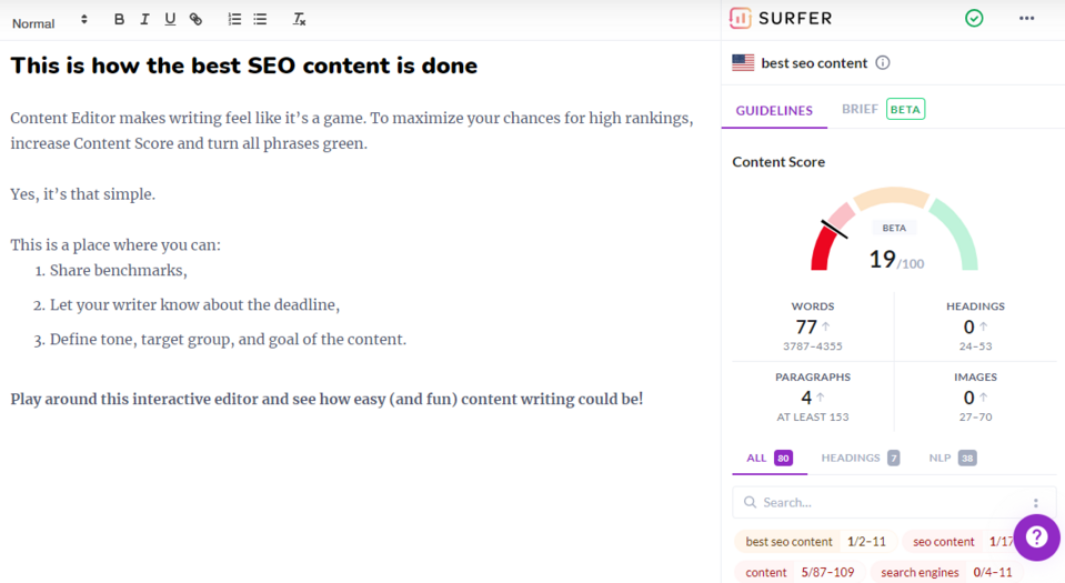 Das Content Editor Tool bietet Ihnen die Schlüsselwörter, die für eine effektive Positionierung Ihres Artikels für ein bestimmtes Schlüsselwort erforderlich sind
