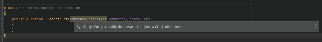 An example of the inspection message in the Symfony Support - a PHPStorm plugin